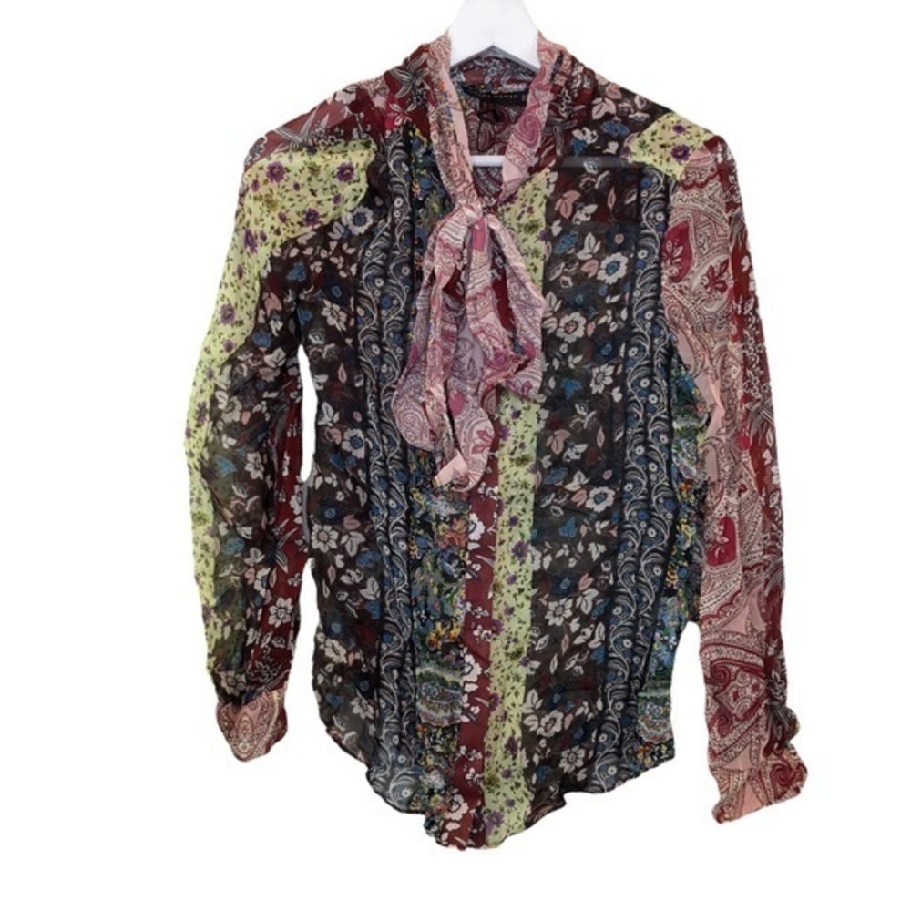 Zara Patchwork Printed Bow Neck Chiffon Long Slee… - image 4